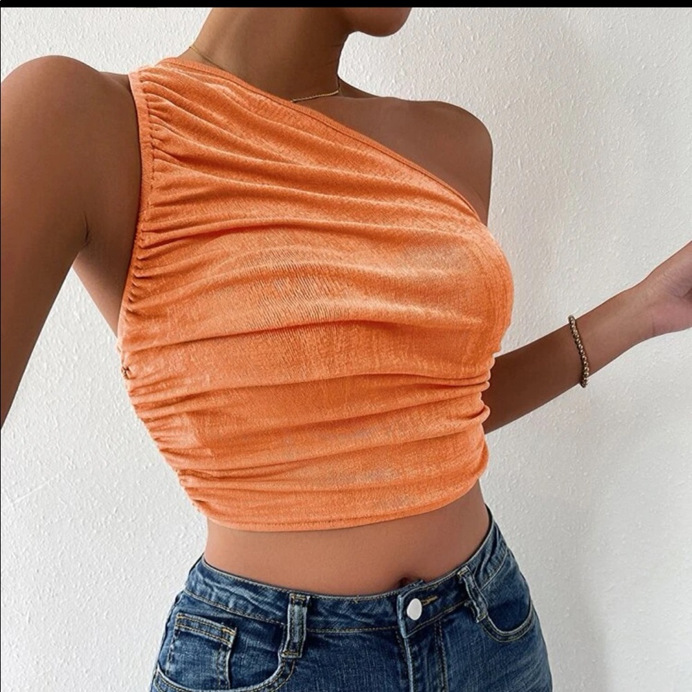 NWOT | One shoulder Ruched Crop Top | Coral Orange - Picture 2 of 3